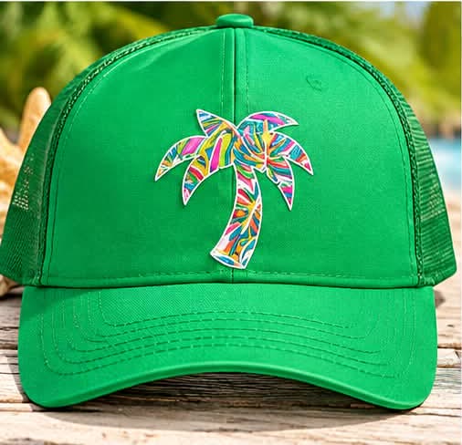Green mesh-back trucker hat with a colorful palm tree patch