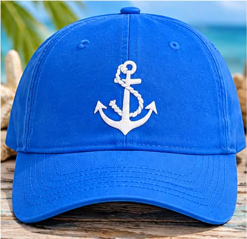 Royal blue ball cap embroidered with a white anchor
