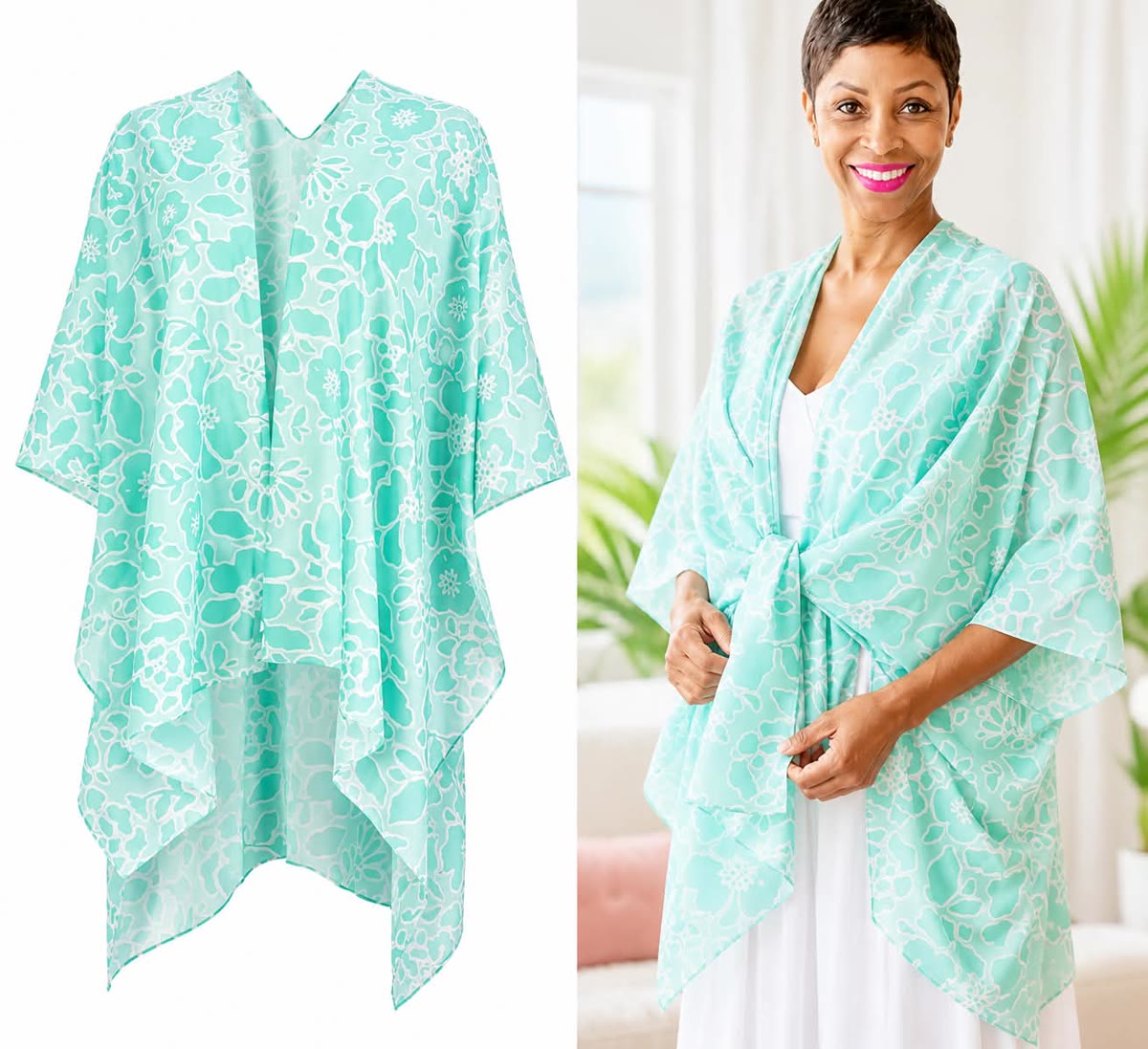 Mint and white floral kimono wrap shown flat and worn over a white dress