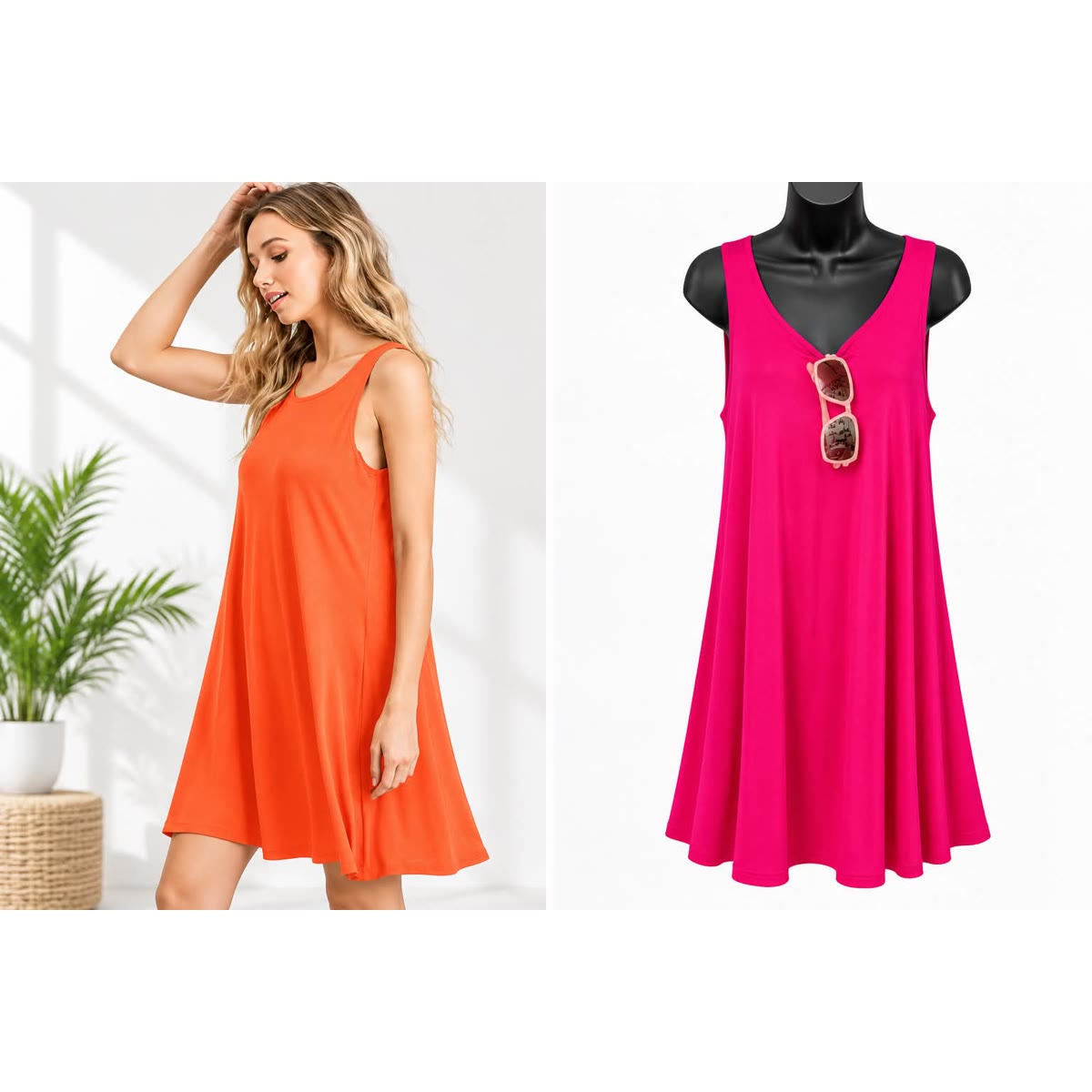 Sleeveless swing dress shown in orange on a model and in hot pink on a dress form