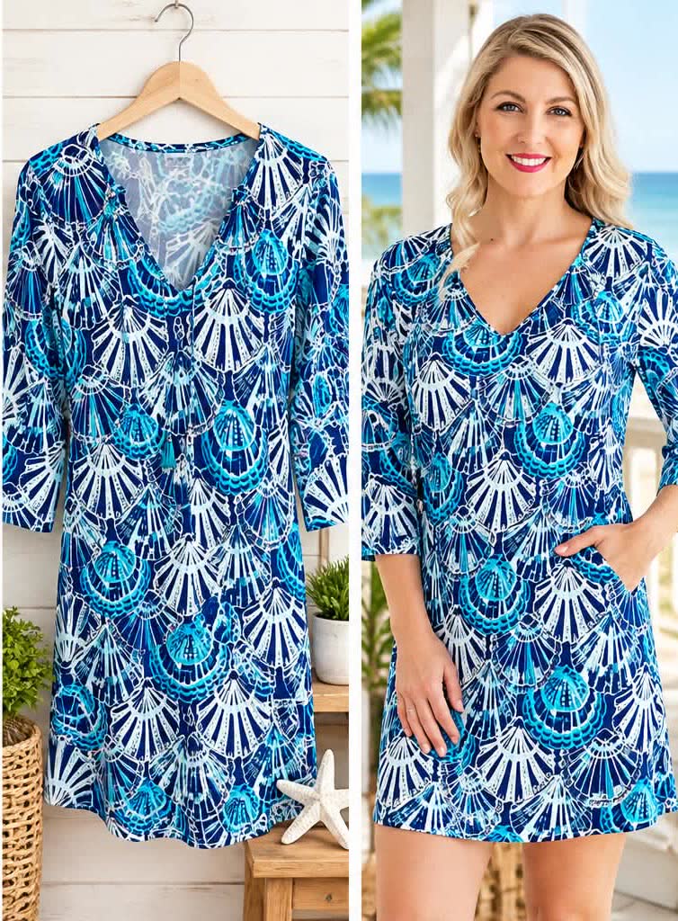 Blue and white seashell print v-neck dress with three-quarter sleeves, shown on a hanger and on a model