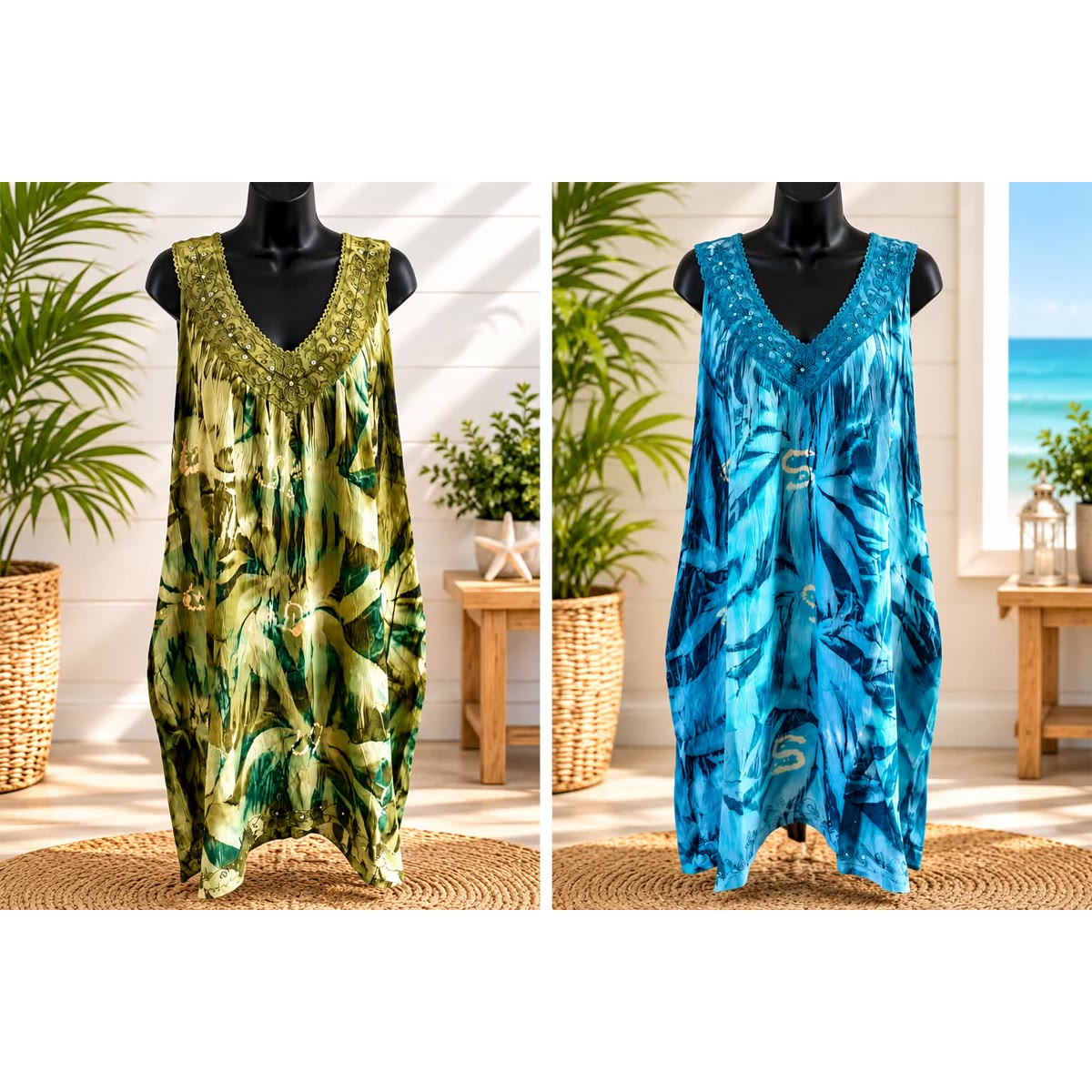 Sleeveless caftan dress with an embroidered neckline, shown in a green palm print and a blue tie-dye print