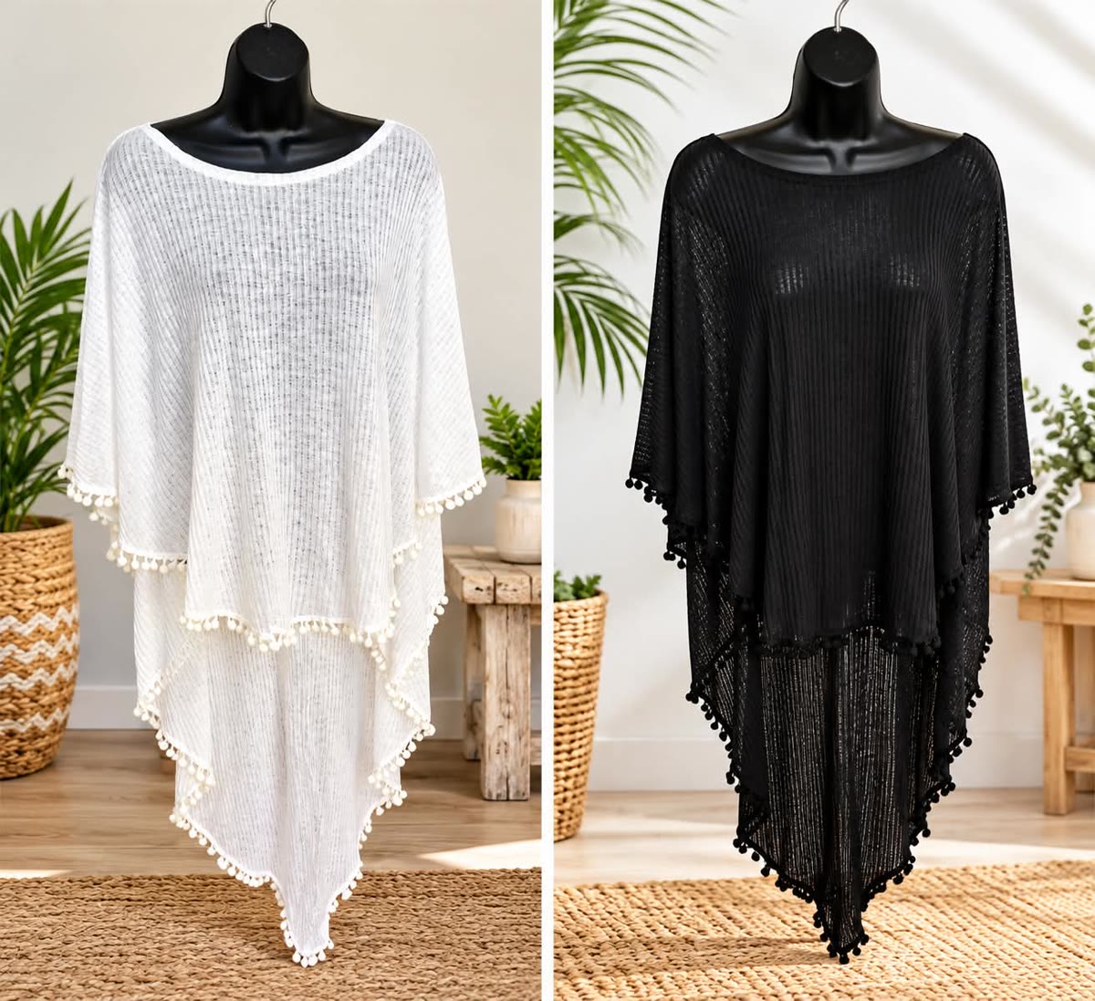 Open-knit poncho with pom-pom trim, shown in white and in black