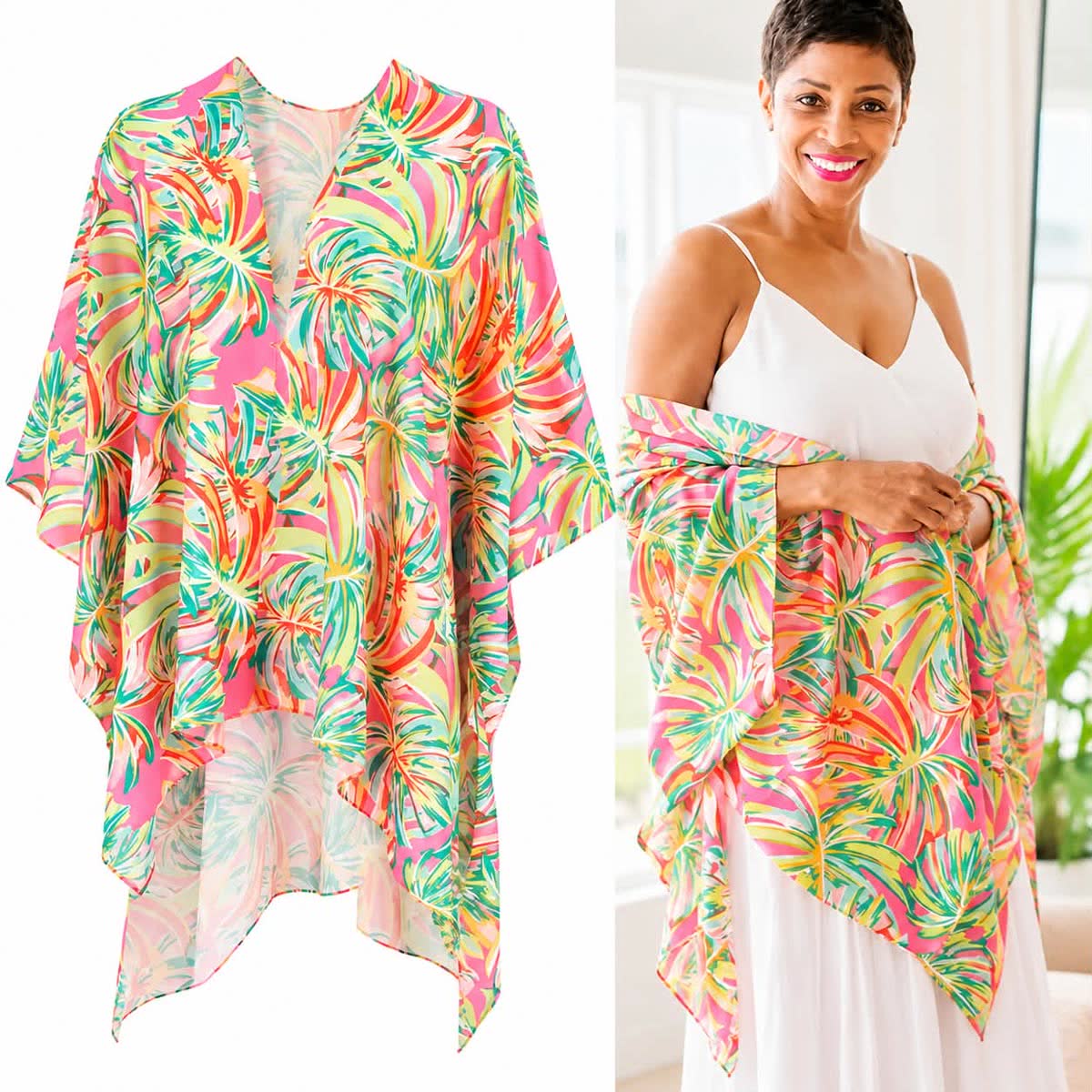 Pink, green and orange palm print kimono wrap shown flat and worn over a white sundress