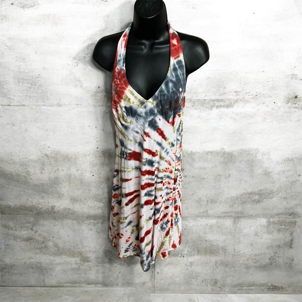 Red, white and navy tie-dye halter dress