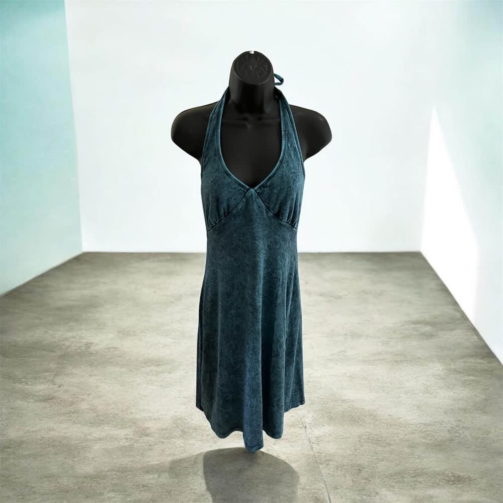 Washed denim-blue knee-length halter dress