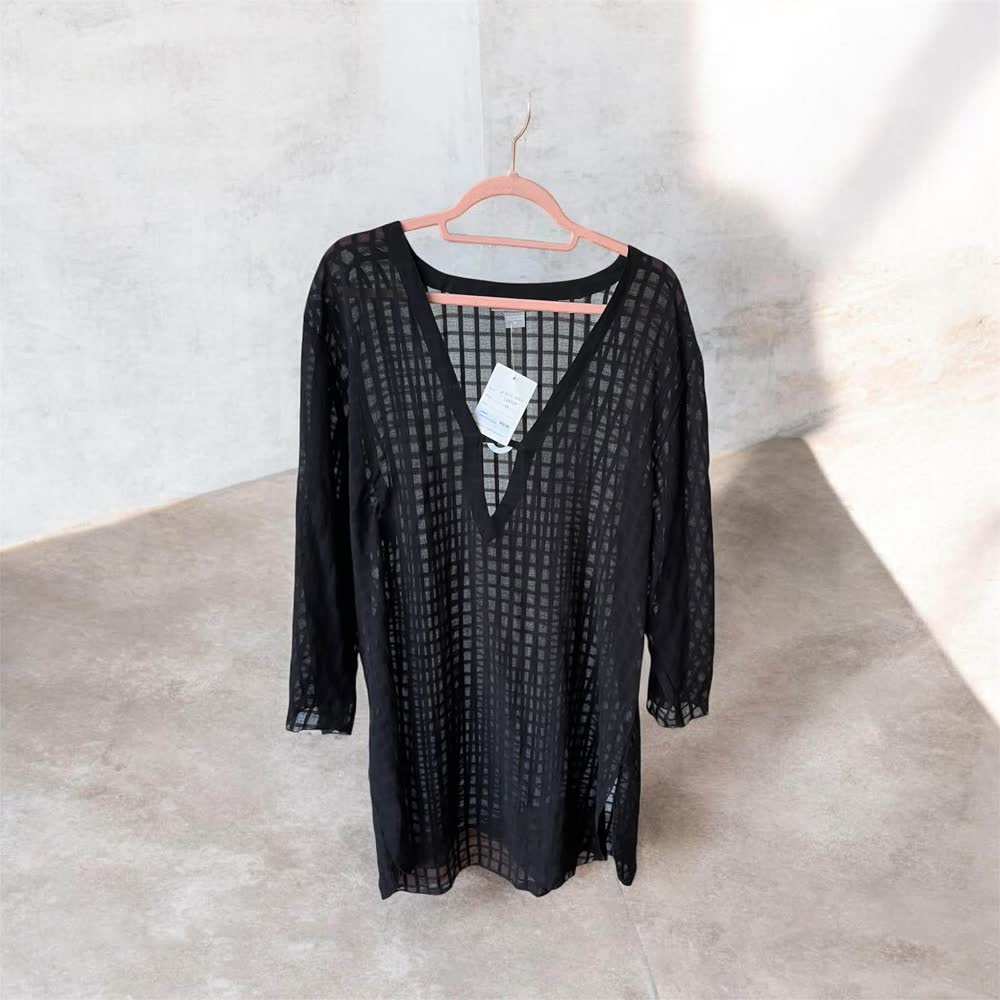 Black sheer grid-pattern V-neck beach cover-up