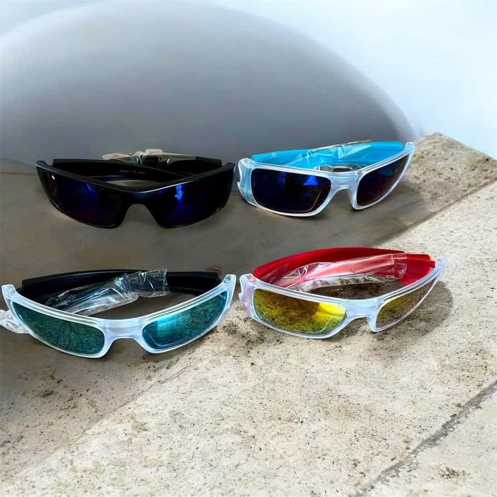 Four pairs of wraparound sport sunglasses with blue, green and red mirrored lenses