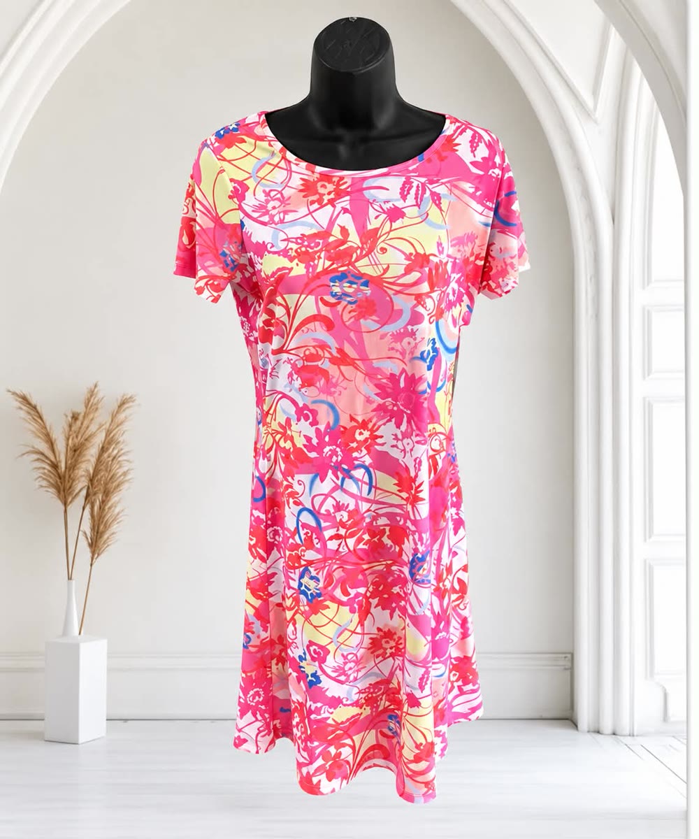 Short-sleeve dress in a hot pink, coral and yellow tropical floral print