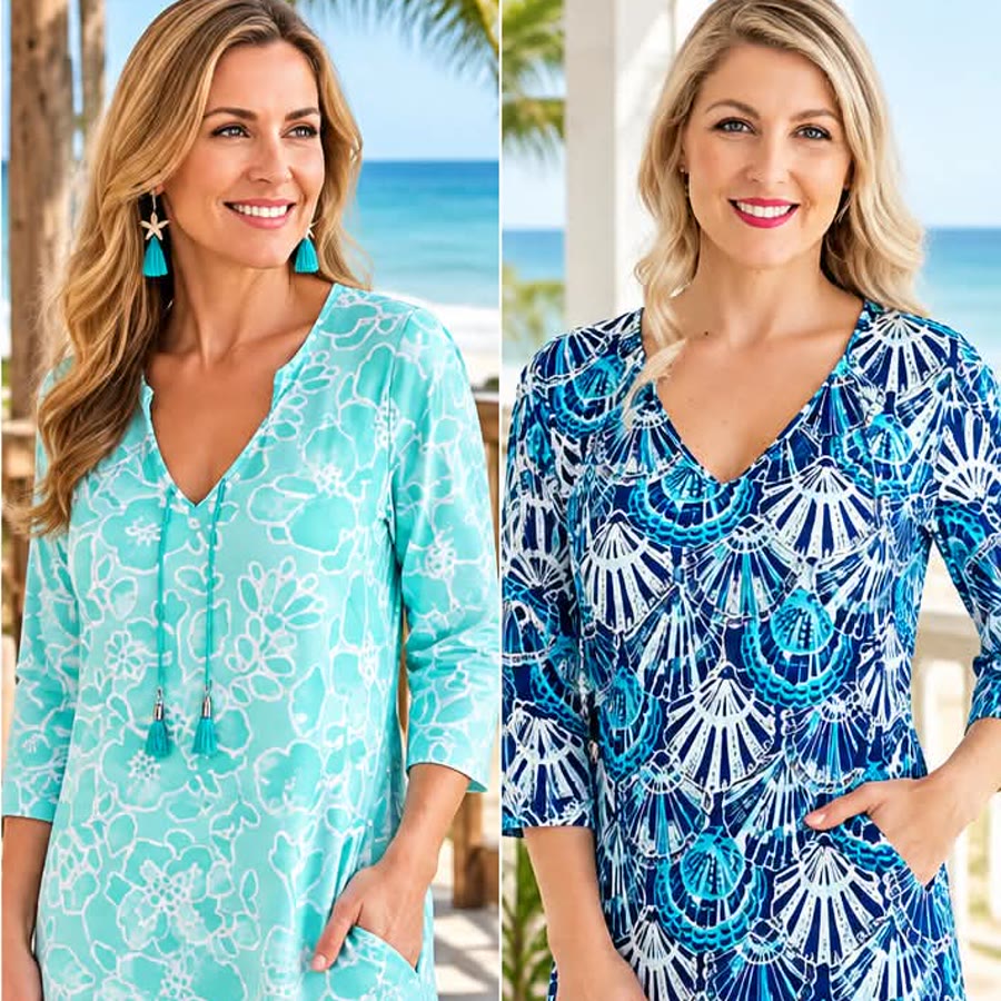 Two smiling women in mint and blue seashell print dresses