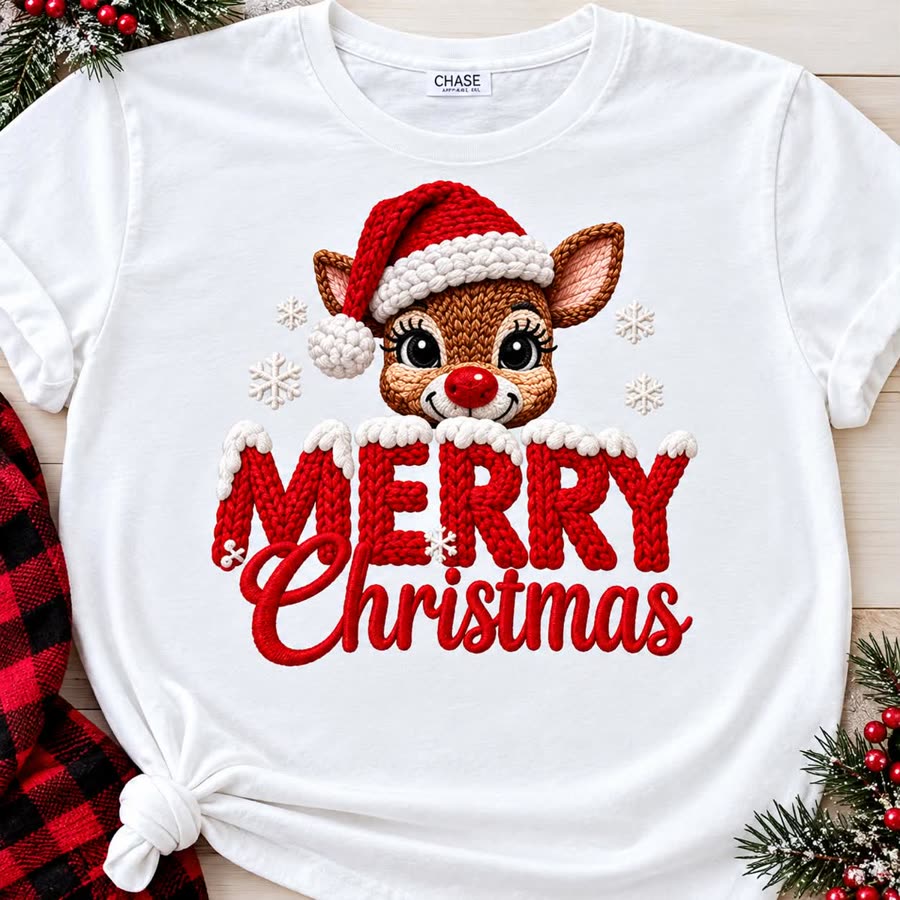 White tee with a Santa-hat reindeer and Merry Christmas design