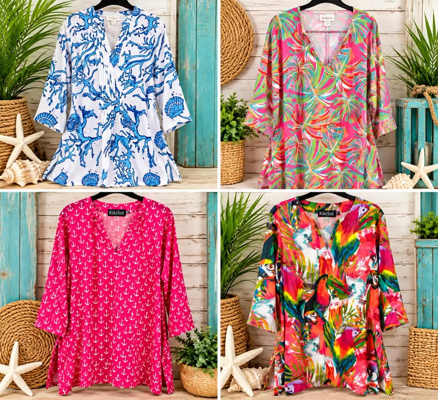 Four colorful tunics: blue coral print, pink palm print, pink anchor print and tropical parrot print
