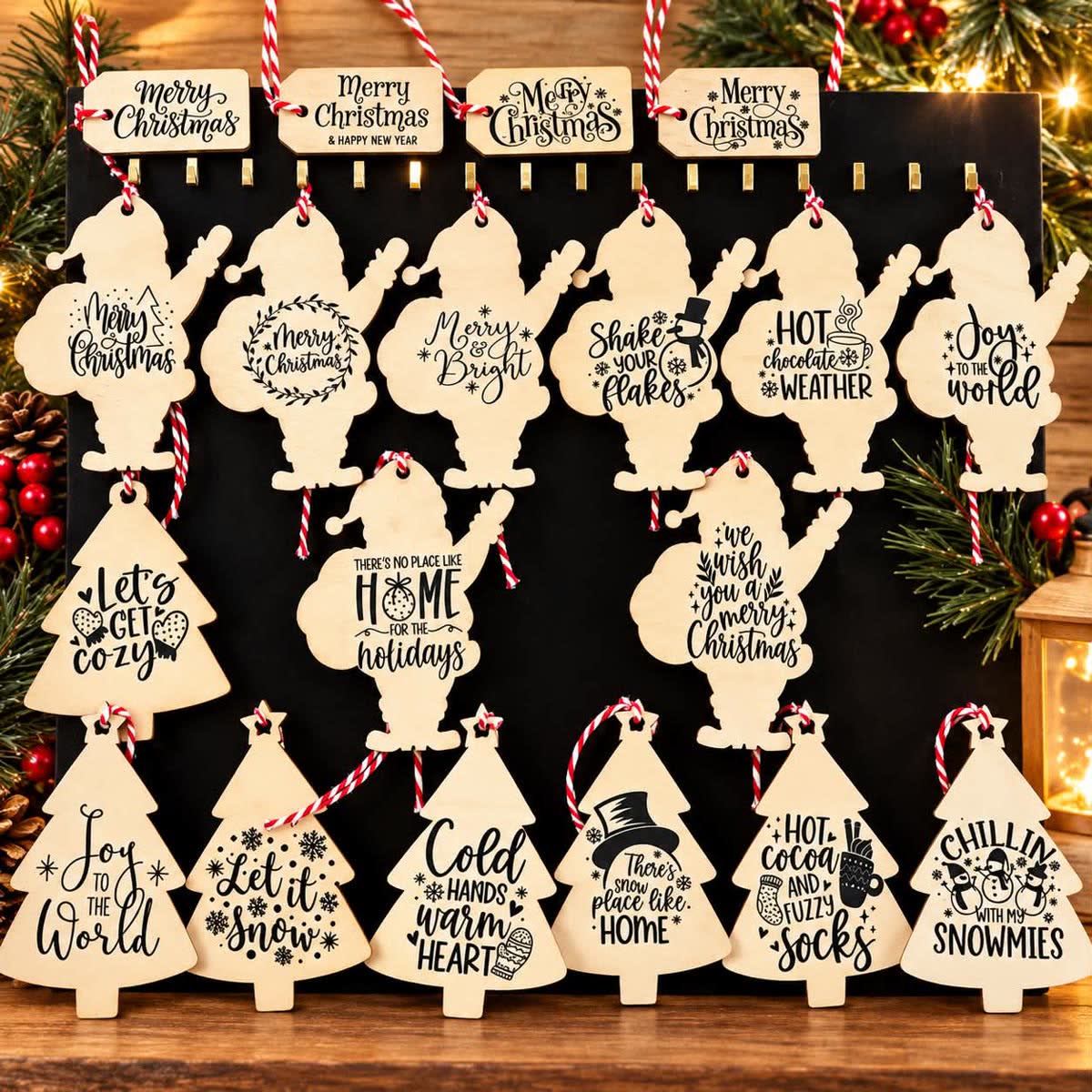 Laser-engraved wooden Santa and tree ornaments with festive sayings