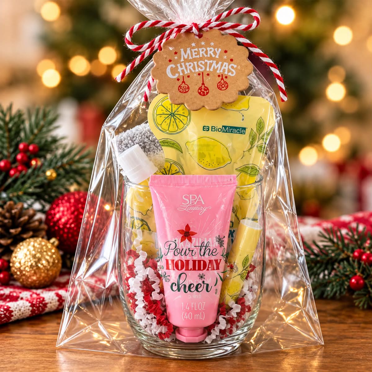 Stemless wine glass gift set with a pink spa hand cream reading Pour the Holiday Cheer