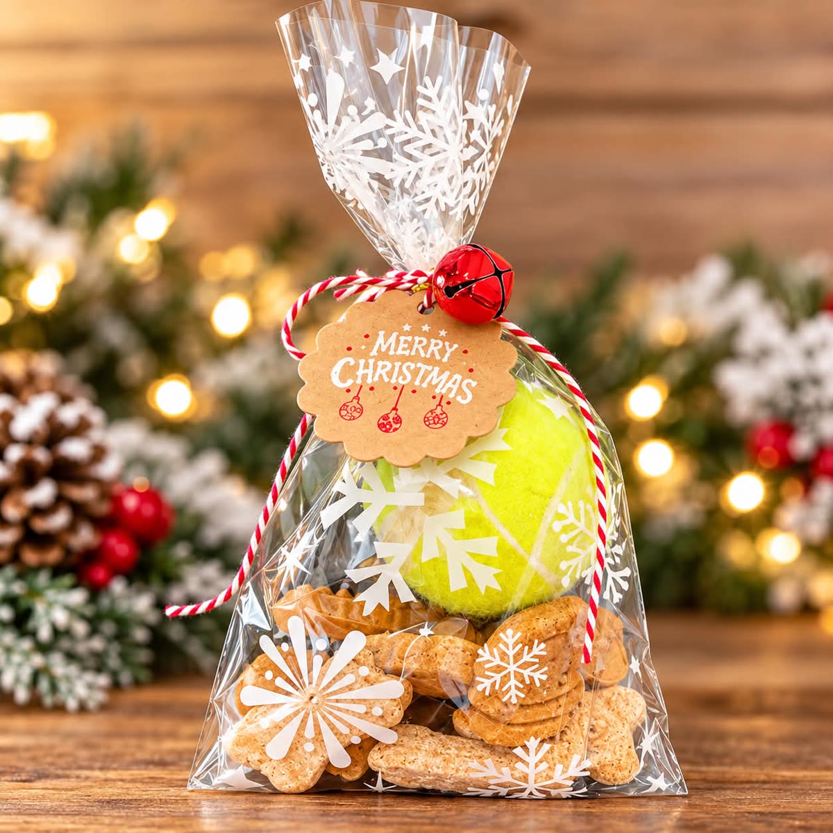Clear holiday bag of dog biscuits and a tennis ball tied with a Merry Christmas tag