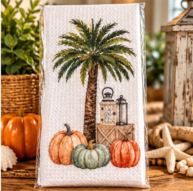 Waffle kitchen towel printed with a palm tree, lantern and pumpkins