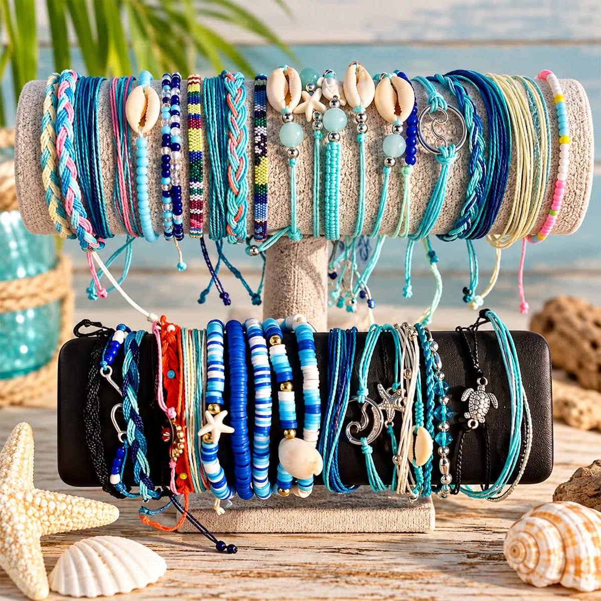 Display of dozens of colorful cord, bead and shell beach bracelets