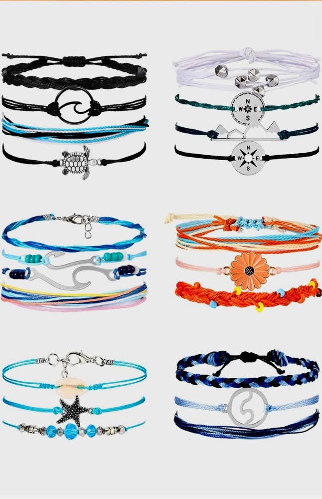 Sets of layered cord bracelets with wave, sea turtle, compass and starfish charms