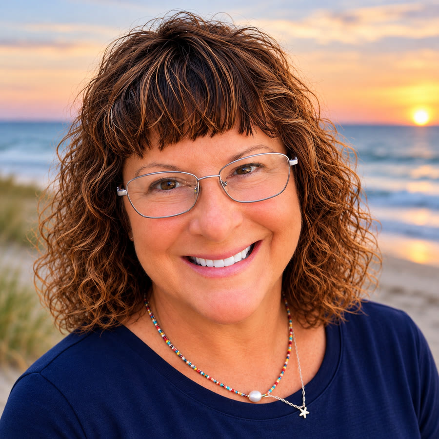Lisa Gesford-Pysher, owner of Knotty Girlz, smiling on the beach at sunset