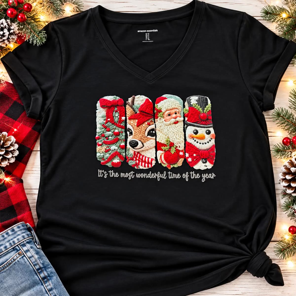 Black v-neck tee with a holiday design and the words it's the most wonderful time of the year