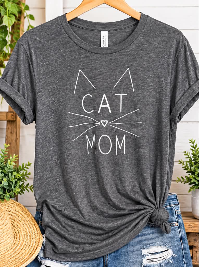 Heather gray short-sleeve tee printed with Cat Mom and a cat face outline