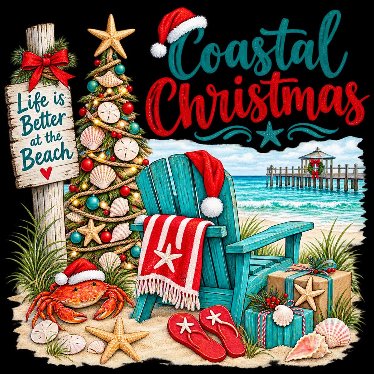 Coastal Christmas design with a seashell Christmas tree, a crab in a Santa hat, a teal Adirondack chair and a Life is Better at the Beach sign