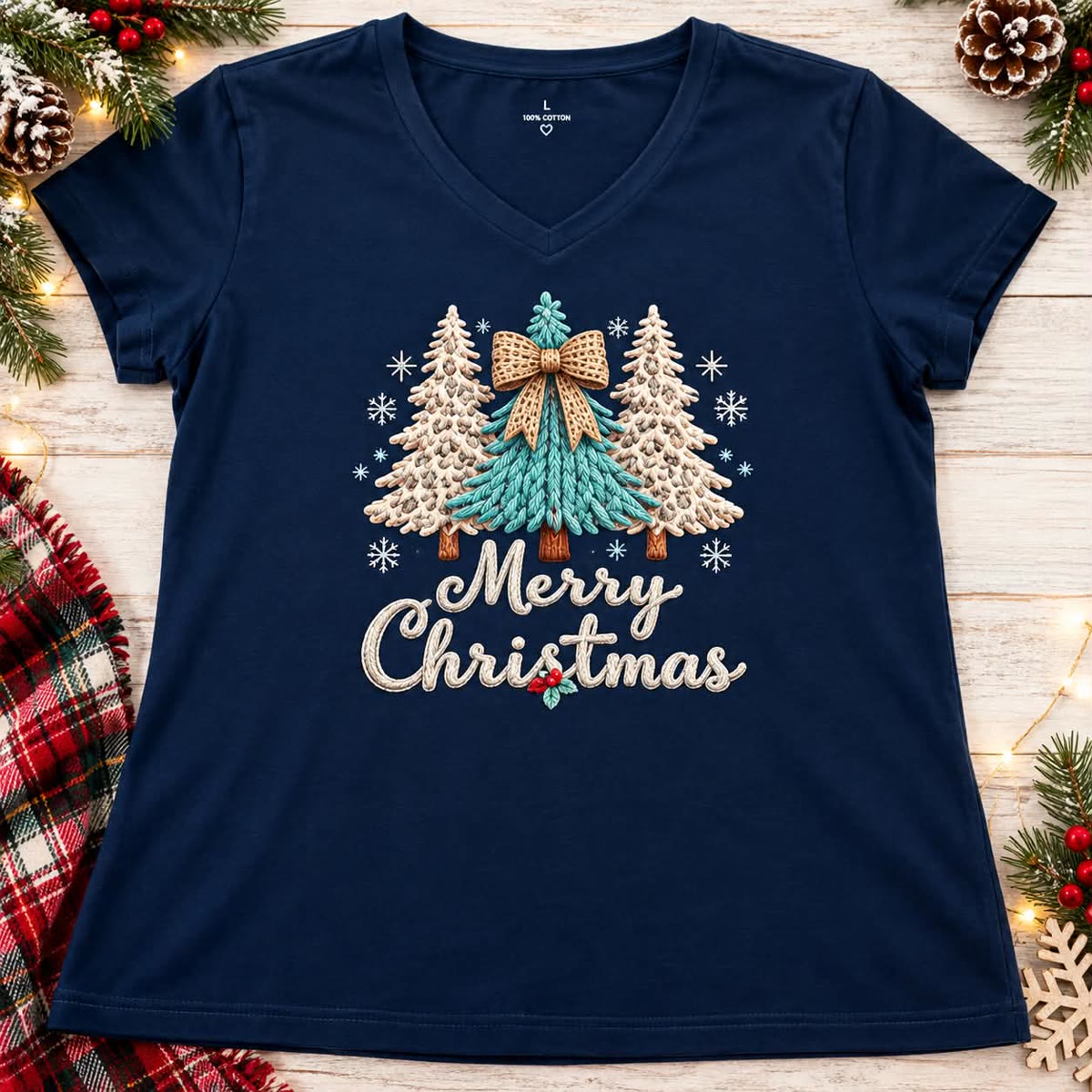 Navy v-neck tee with leopard and plaid Christmas trees, a gold bow and Merry Christmas script