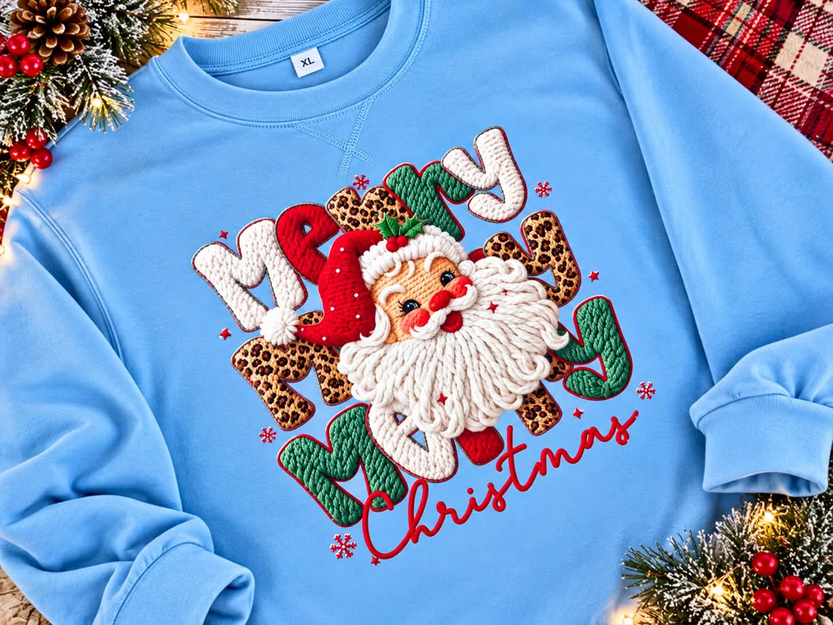 Light blue crewneck sweatshirt with a fluffy Santa and leopard-print Merry Merry Christmas lettering