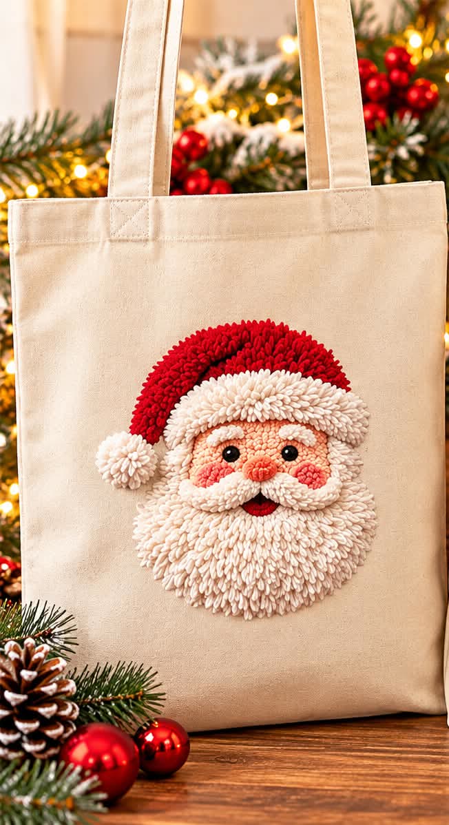 Natural canvas tote bag with a fluffy embroidered-look Santa face