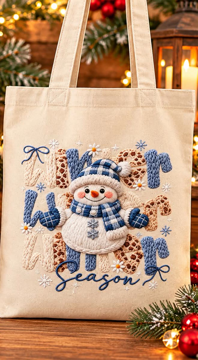 Canvas tote bag with a cozy snowman in a plaid scarf and the word Season