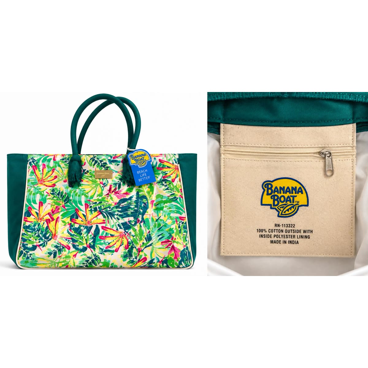 Tropical print tote with green handles, plus a close-up of the Banana Boat label inside