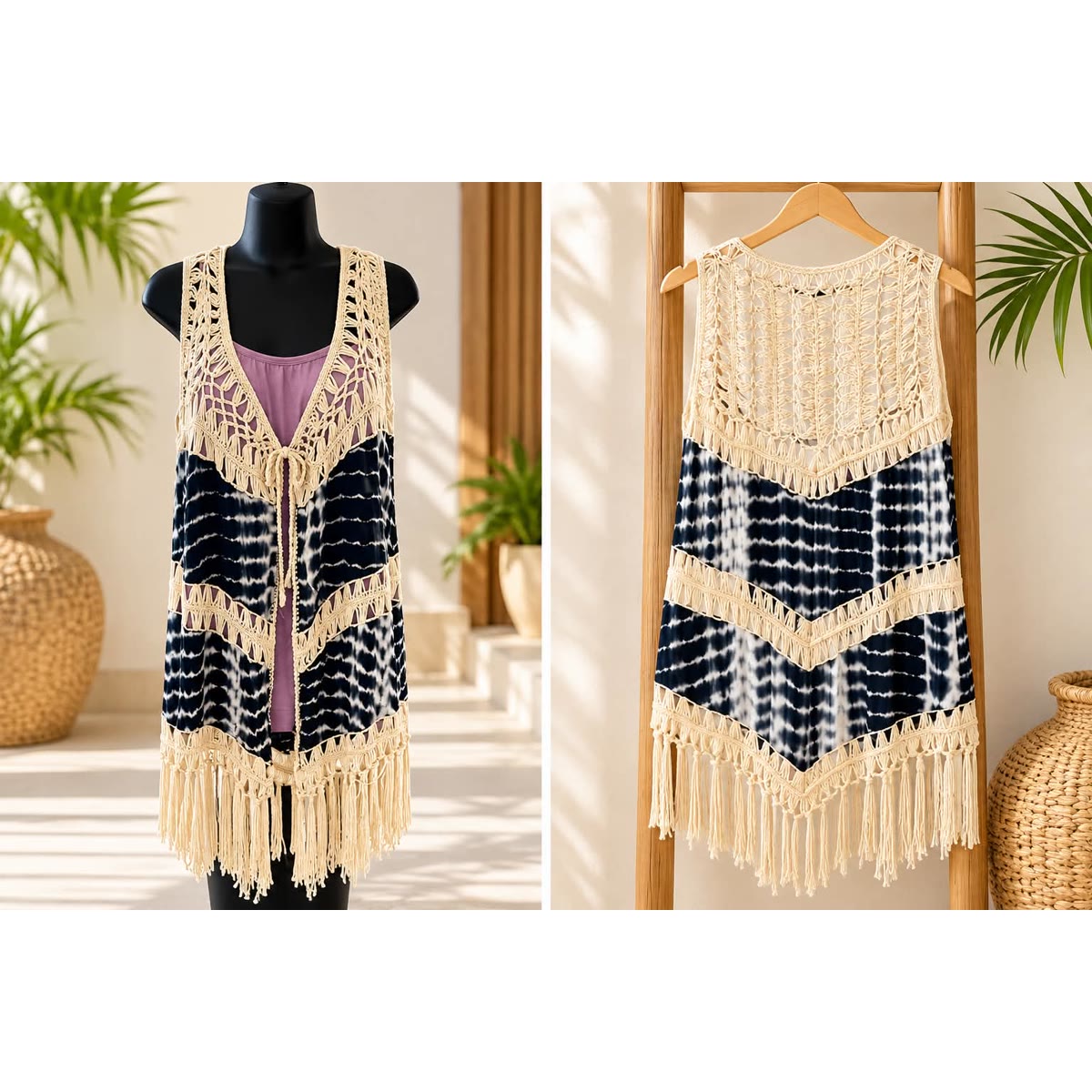 Cream crochet fringe vest with navy tie-dye panels and a front tie, one size fits most