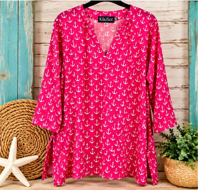 Hot pink split-neck tunic with a small white anchor print