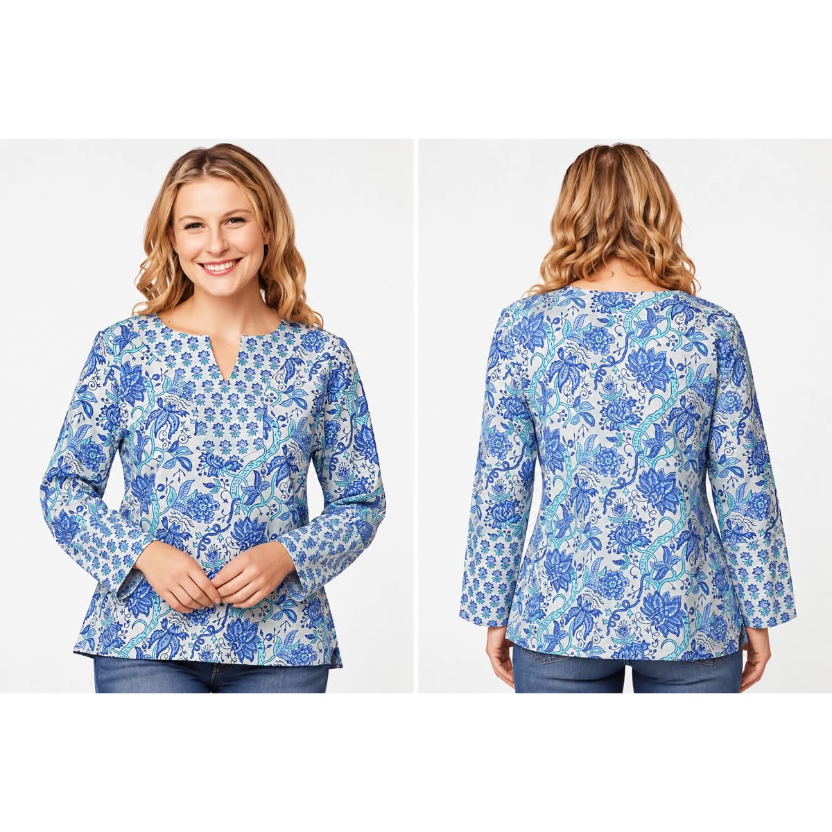 Front and back views of a long-sleeve tunic in a blue and white block print