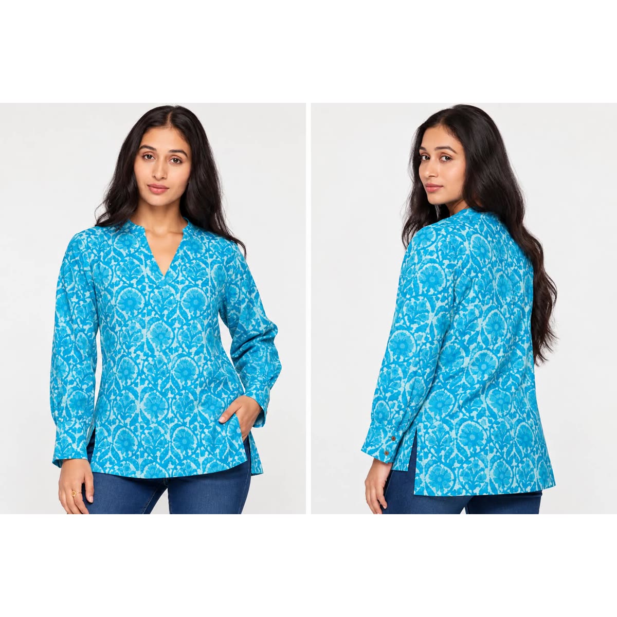 Front and back views of a long-sleeve turquoise tunic with a white floral print and side slits