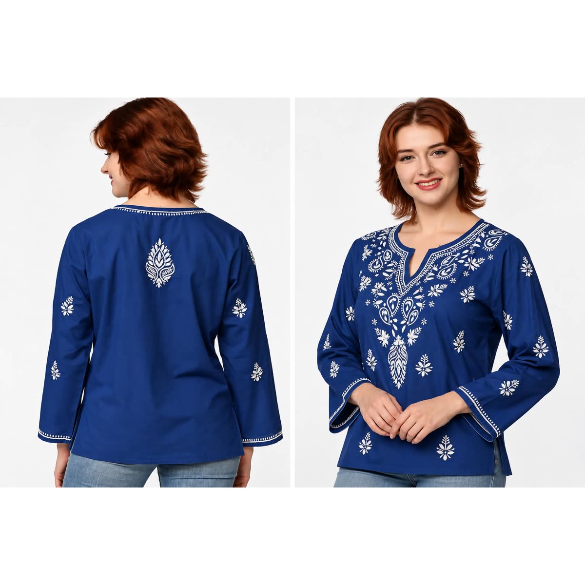 Back and front views of a navy tunic with white embroidery on the neckline and sleeves
