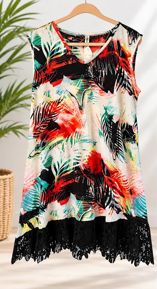 Sleeveless tunic in a red, black and teal palm print with a black lace hem