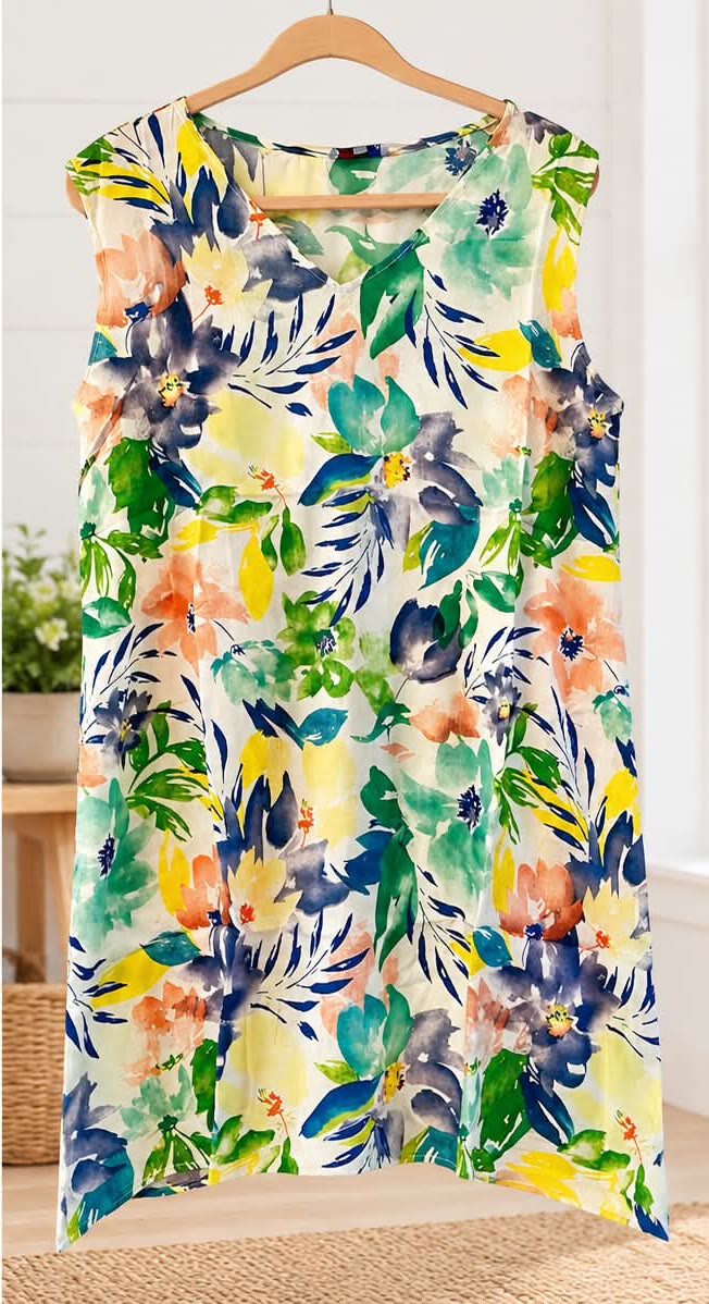 Sleeveless tunic with a watercolor print of navy, green and peach flowers