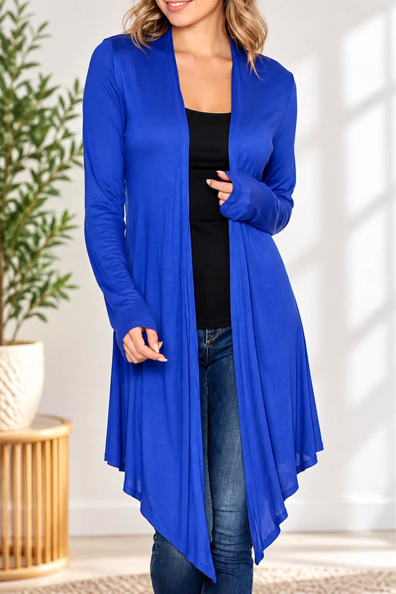 Long royal blue open-front cardigan with a draped hem, worn over a black top and jeans