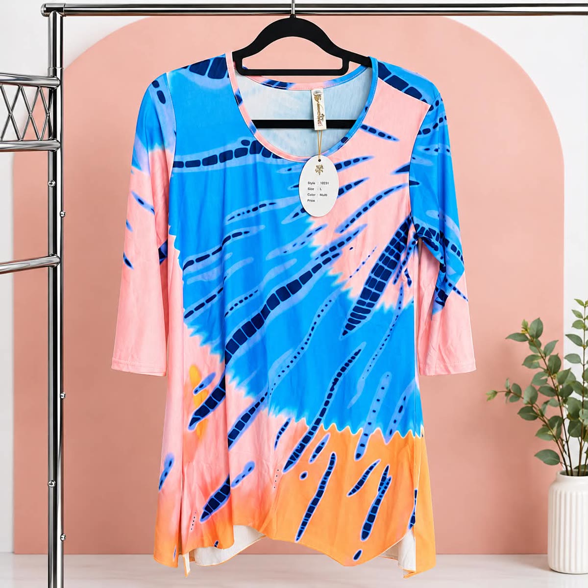 Pink, blue and orange tie-dye tunic with three-quarter sleeves