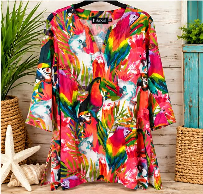 Bright red and green tropical parrot print tunic with a V-neck