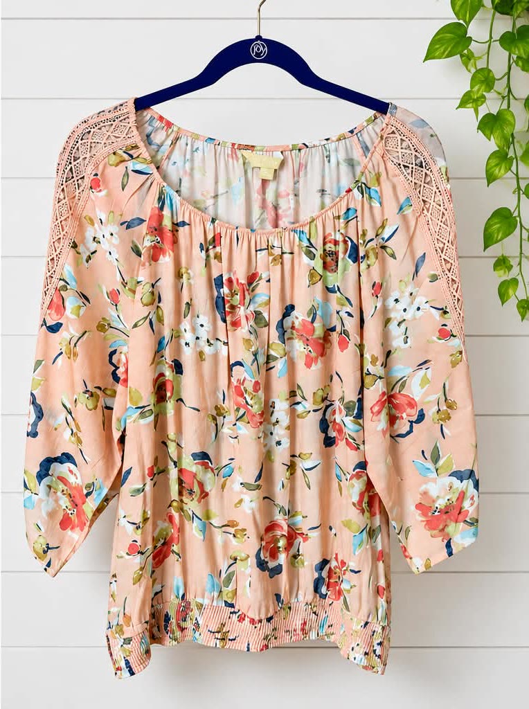 Blush floral peasant blouse with a gathered neckline